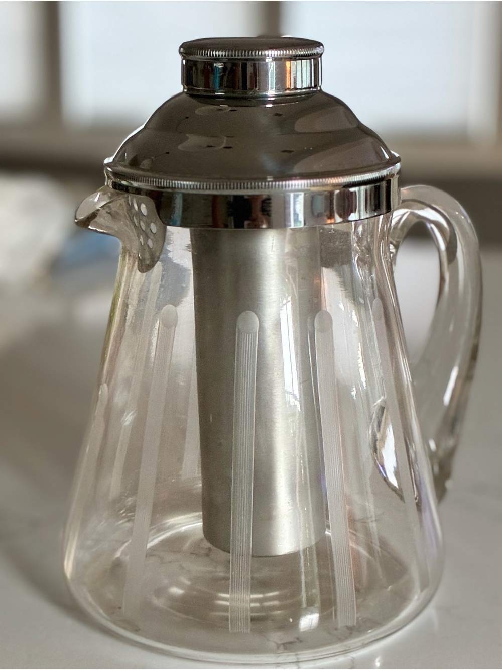 Vintage Art Deco Glass Ice Lip Pitcher Chrome Core Insert Cocktail Water Carafe